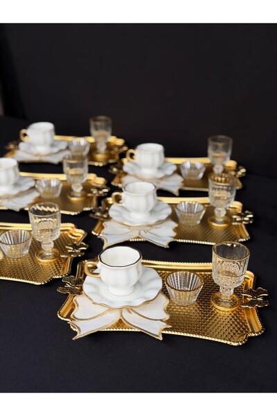 Hediye Köşkü KELEBEKLİ METAL SUNUM TEPSİLİ 36 PARÇA KAHVE SETİ