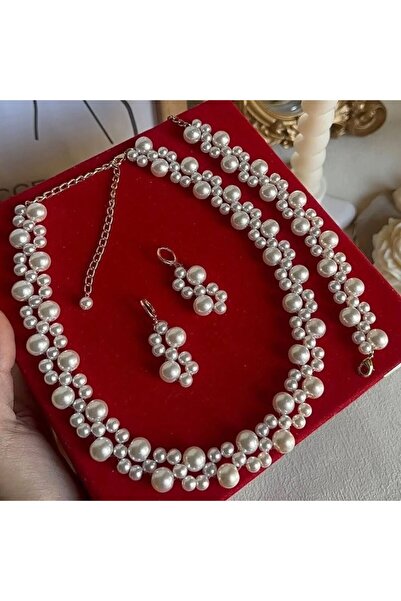 Ravinity Örgü Model İnci Kolye Bileklik Küpe İncili Hediye Set