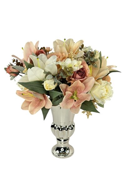 Nettenevime Yapay Çiçek Aranjmanı Gül Lilyum Pastel Vintage Gümüş Renk Kupa C...
