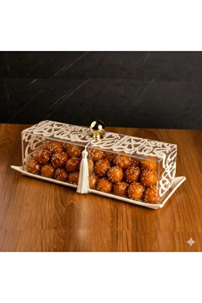 QUINN Luxury beige serving dish with a transparent lid and Arabic patterns, 2...