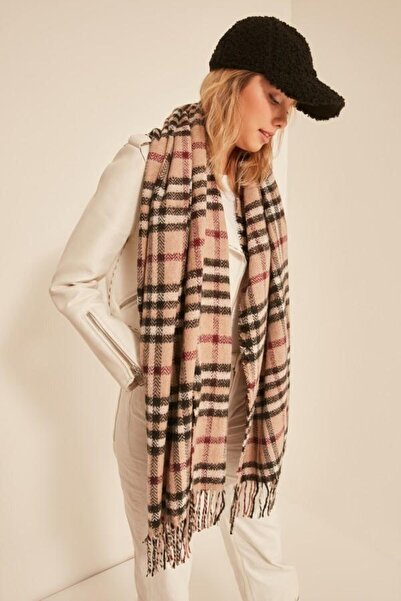 marsel aksesuar Camel Burgundy Colored Plaid Soft Shawl Scarf