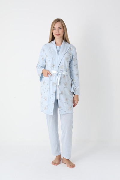 ERDENİZ TEKSTİL Long-Sleeved Pajamas + Dressing Gown Set of 3 Special for Pre...