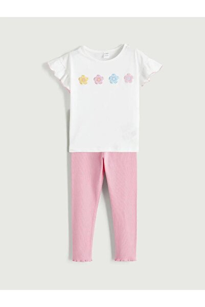 LC Waikiki Tricou și colanți pentru fete cu imprimeu floral și guler rotund (S6)