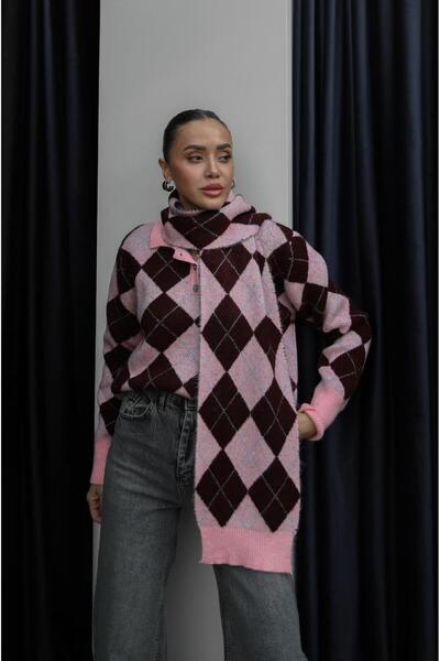 Havoş Pulover roz cu guler polo și model baklava, cu șal