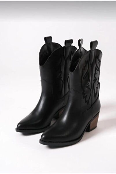 doğan gurup Kadın Siyah Sivri Burun Nakışlı Western Kovboy Cowgirl Bot Çizme