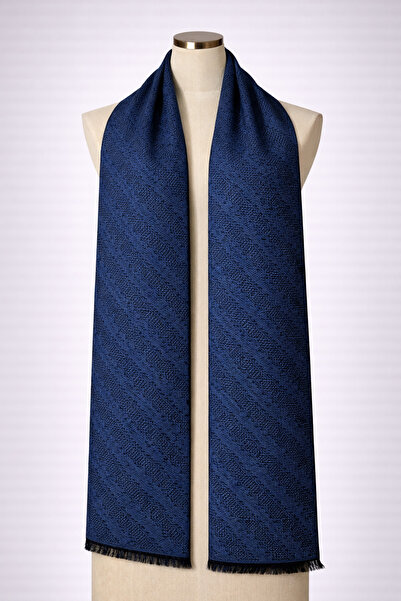 Dervişan İpekçilik Mavi Desenli Saf Kaşmir Kaşkol/Atkı