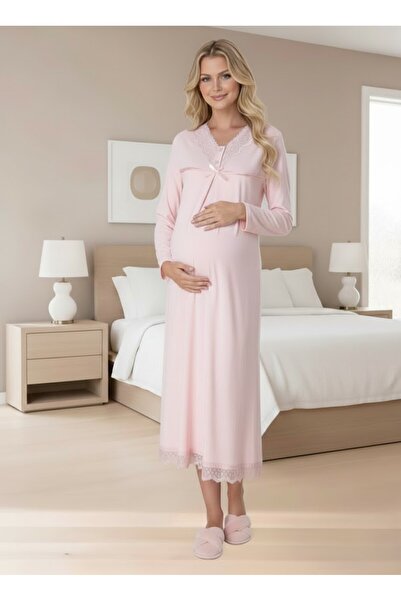 Lohusa Homewear Women's Pink Stylish Lace Embroidered Long Sleeve Special Des...