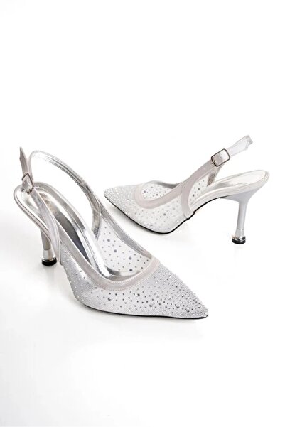 elvinshoes Ella Women's Silver Stone Mesh Evening Dress Shoes