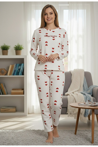 YusGos Set de pijamale din țesătură tip waffle cu imprimeu inimioare, 100% bu...