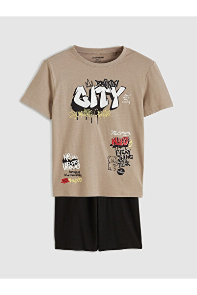 LC Waikiki Rmz Gi̇yi̇m Farki̇yla Gr Graffiti Printed Rkek Children's Shorts P...