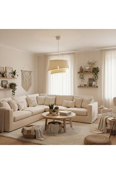 Elizim Home Lighting Hasır görünümlü 2 katlı abajur sarkıt avize