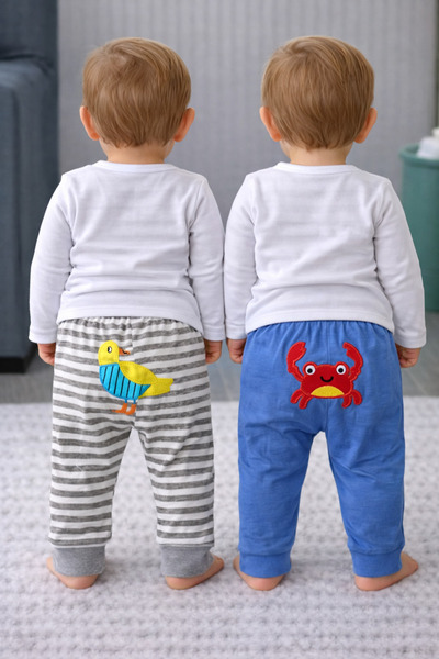 greenmoss %100 Pamuk Popo Figürlü Sevimli Bebek 2’li Eşofman Altı