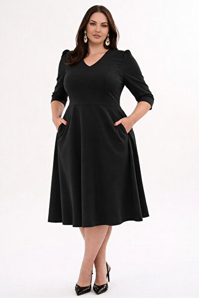 RURIS Women's Black V-Neck Pocketed Three-Quarter Sleeve Midi Flared Double F...