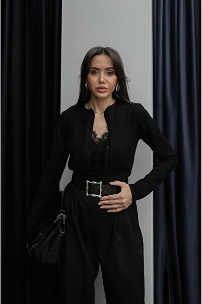 Havoş Siyah Dantel Bluz Görünümlü Hırka