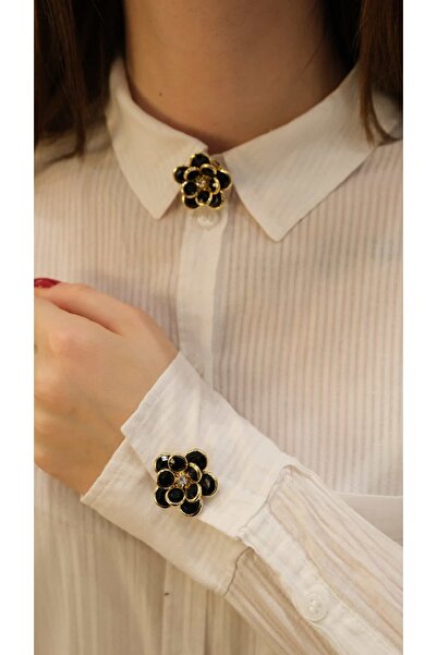 Jerie Siyah Çiçek 2'li Set Düğme Broş