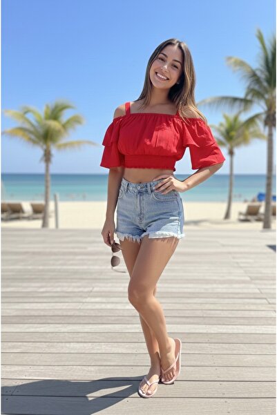Polologin Butik Bluză roșie cu volane și umeri goi