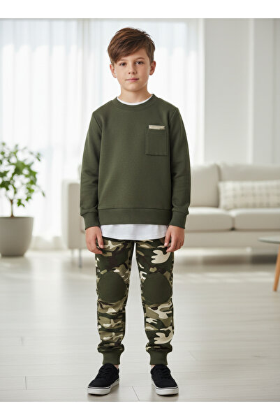 ALYAKİDS Boy's Camouflage Patterned T-Shirt with Knee Patches and Detailed In...