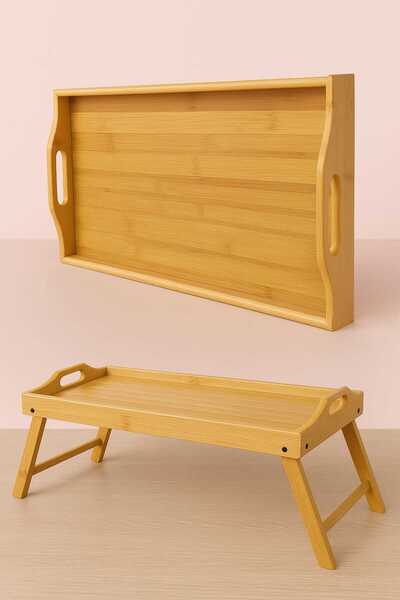 Prolite Retro Vintage Ahşap Bambu Çocuk ve Çok Yönlü Ayaklı Servis Tepsisi