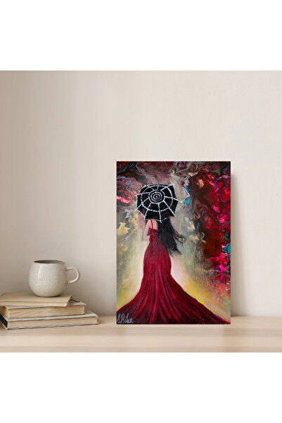 Soyut Şemsiye Altında Kırmızı Elbiseli Kadın Figürlü Akrilik Tablo – 25x35 cm Tablo