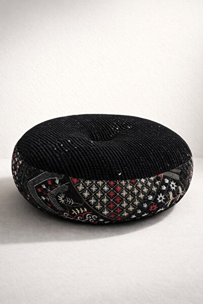 İndiakka Kadife İşlemeli Dekoratif Yuvarlak Yastık – Siyah (40×40 cm)