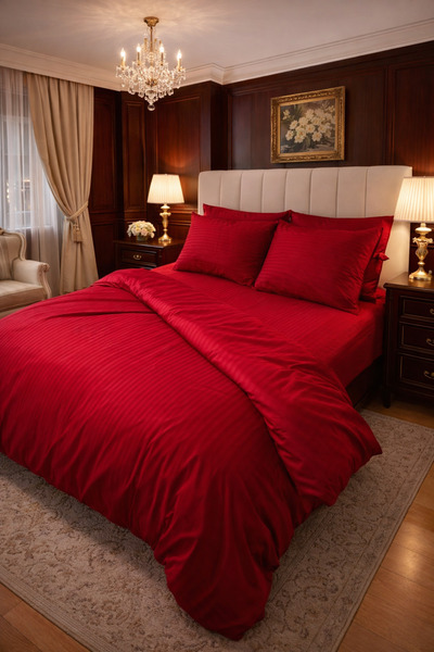 Zeren Home 100% Cotton Satin Red Striped Double Duvet Cover Set