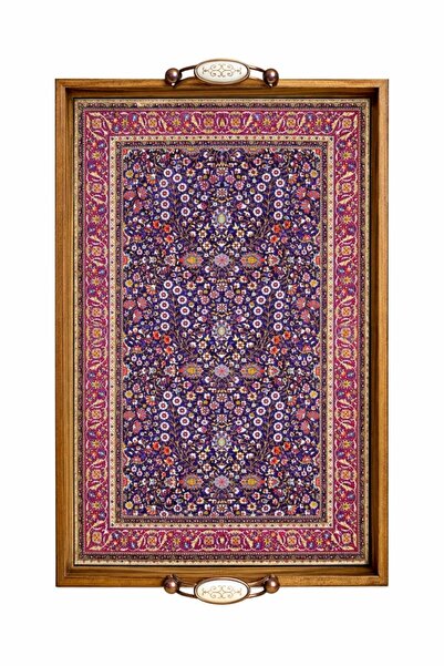 BulutRetail El Yapımı Kütahya Çini Desenli Ahşap Tepsi 42x27 cm | Yerli Üreti...