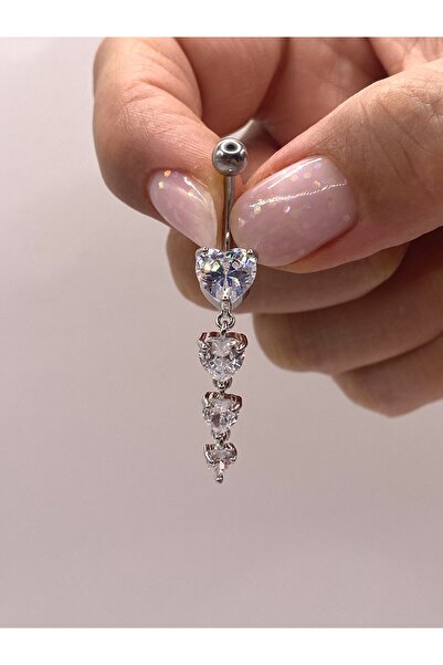 kurukafagift Göbek Çelik Piercing Gümüş Renk Sallantılı Kalpli Model
