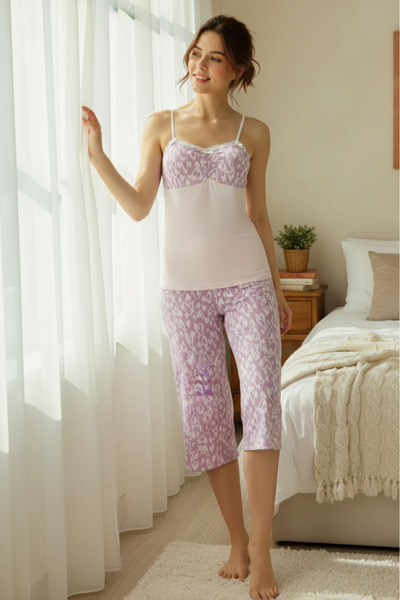 YusGos Women's Rope Strap Capri Bottom Patterned Pajama Set