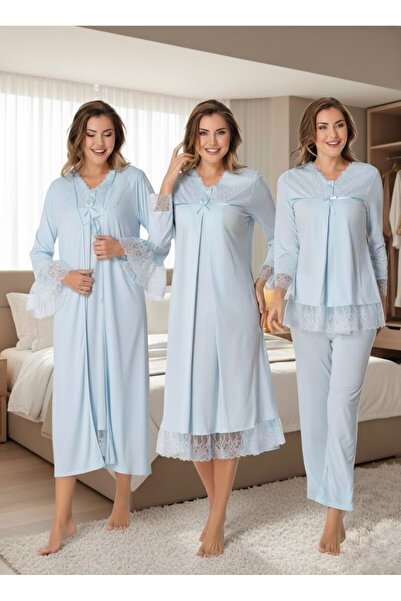 Lohusa Homewear Set de pijamale pentru femei, din dantelă de bumbac albastră,...