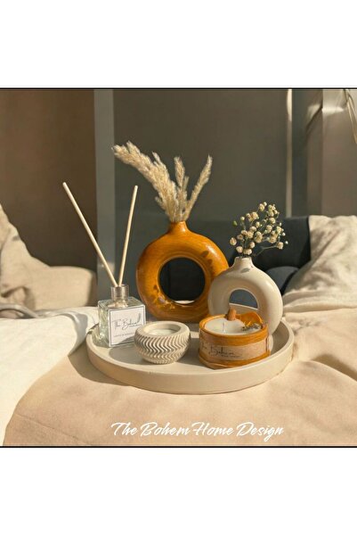 THE BOHEMM Bej - Ahşap görünümlü 6 parça vazo mum set