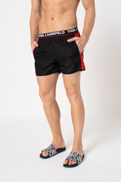 Karl Lagerfeld Swim Shorts with Logo Band at Waist, Black/Red, XL