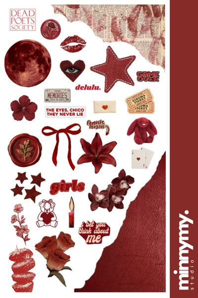 Minnymy Red Collection Vintage Sticker, Çıkartma, Ajanda, Günlük, Planlayıcı,...