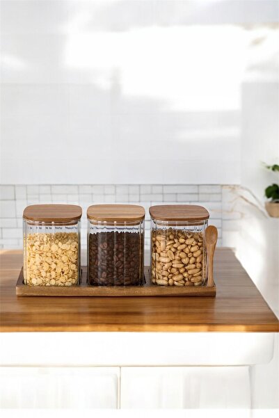GLAMZE 3'lü Akasya Standlı Vakum Kapaklı Cam Kavanoz Seti