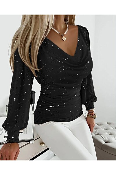 FRESCO SCARFS Women's Long Sleeve Degaje Collar Stoned Sandy Blouse