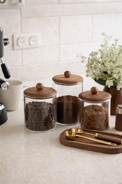 GLAMZE 3'lü Akasya Kapaklı Cam Kavanoz Seti