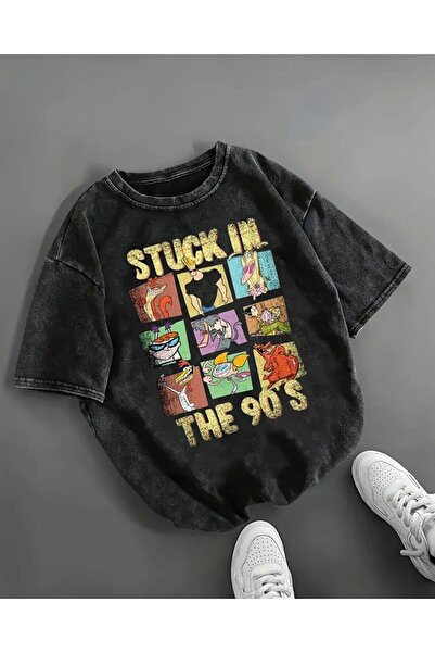 Le Savu تي شيرت مطبوع عليه "Stuck in The 90's" قابل للغسل للجنسين قصة فضفاضة ...