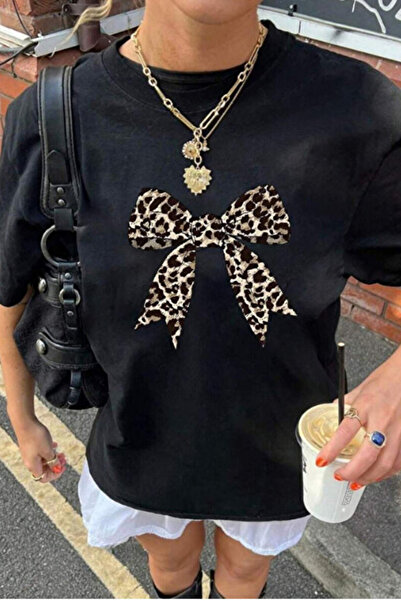 FUKATEX Women's Leopard Ribbon Printed Oversize T-Shirt
