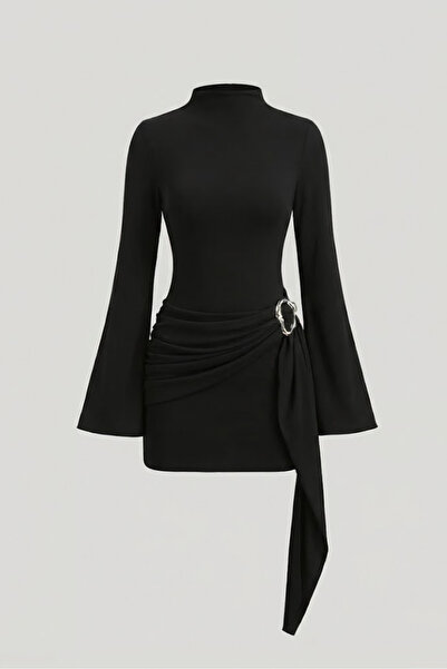 Nika Fashion Kadın Dik Yaka Toka Detaylı Kuşaklı Toparlayıcı Kalıp Mini Elbise