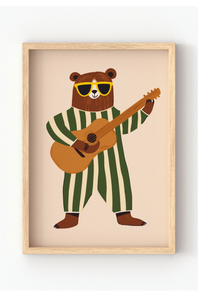 MIOVI WORKS Guitar Bear Groove | Çerçeveli Modern Müzik Temalı Hayvan Figürlü...