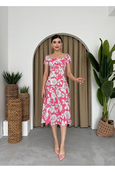 ETİKAFASHION Midi casual dress with short sleeves and floral embellishments -...