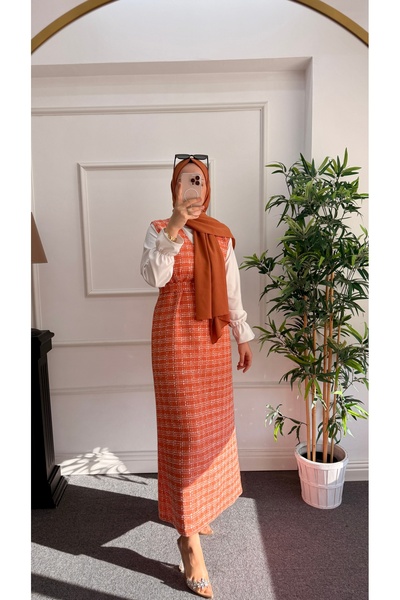 Nisa Nalbantoğlu Orange Checkered Tweed Hijab Gilet