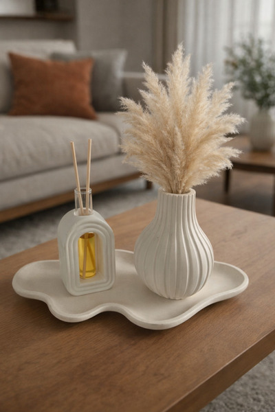 Sisay Home Dekoratif Vazo & Oda Kokusu Seti – Taş Tozu El Yapımı Tepsi Üzeri ...