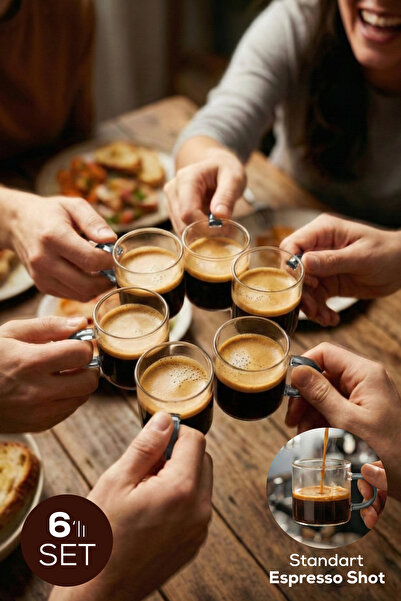 Vienev Set of 6 Glass Espresso Cups with Gray Handles - 95 ml