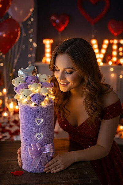 Solemia Sevgililer Günü Hediyesi Led Işıklı Lila Peluş Vazo Kalp Balonlu Ayıc...
