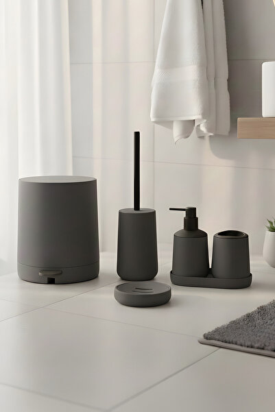 ozbience Mat gri 5 parçalı yuvarlak banyo seti: kovası, tuvalet fırçası, sıvı...
