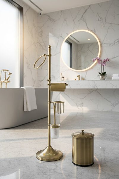 ozbience Eskitme Gold Banyo Seti, Tuvalet Kağıtlık, Havluluk, Kova ve Fırça