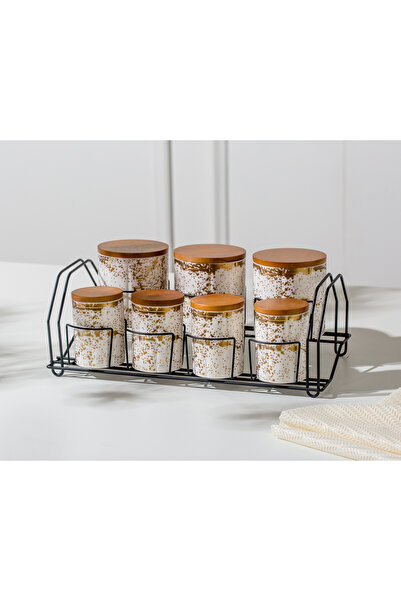 Malooki Set of 7 porcelain storage containers with wooden lids and metal stan...