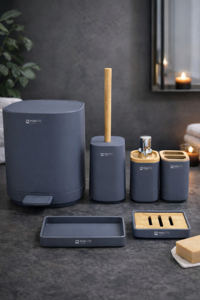 ozbience Bambu Detaylı 6’lı Banyo Seti, Mat Gri/Antrasit, Organizer ve Pedall...