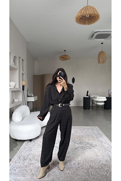 Buket Teke Brown Padded Belted Shirt and Trousers Set