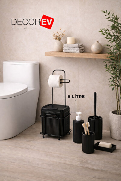 ozbience Pratik 6'lı Standlı Banyo WC Seti ve 5 Litre Siyah Çöp Kovası